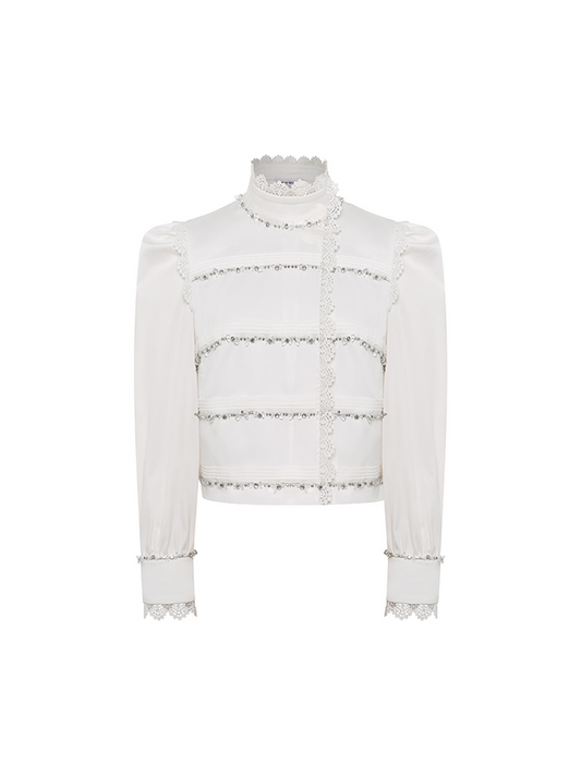 Sophia lace-embellished blouse with a high neckline, intricate lace detailing, puffed sleeves, and tailored fit, crafted from cotton, nylon, and spandex.