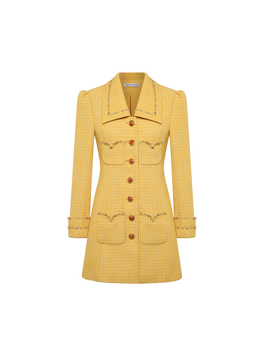 Sophia embellished tweed coat in vibrant yellow with crystal lapels, gemstone buttons, and a fitted mid-thigh silhouette, crafted from 100% polyester.