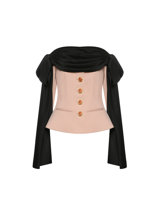 Corset-style top with off-shoulder draped detailing, decorative buttons, and tailored fit. Made from 90% polyester, 10% spandex, and lined with 100% polyester