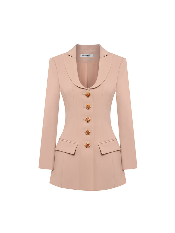 Fitted blazer dress with decorative buttons, tailored silhouette, and flap pockets. Made from 90% polyester, 10% spandex, and lined with 100% polyester