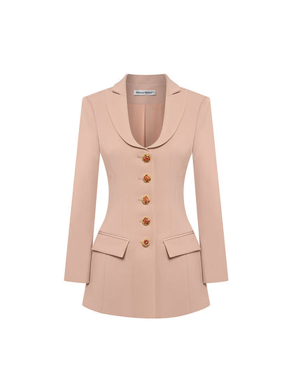 Fitted blazer dress with decorative buttons, tailored silhouette, and flap pockets. Made from 90% polyester, 10% spandex, and lined with 100% polyester