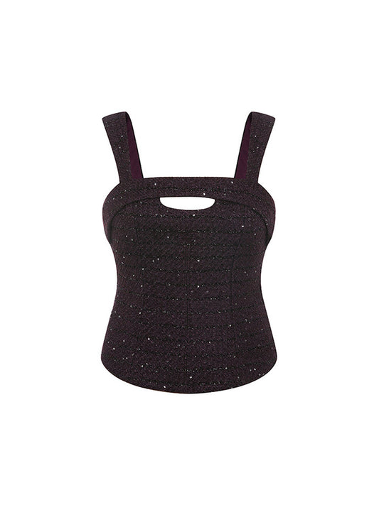 Sophia tweed sleeveless top with a square neckline, fitted silhouette, and intricate tweed detailing, crafted from a premium polyester-wool blend.