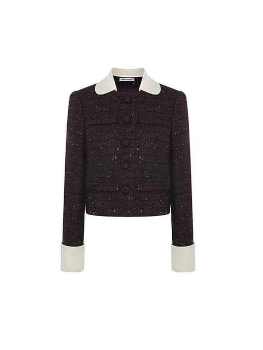 Classic cropped tweed jacket with contrasting collar and cuffs for a refined finish