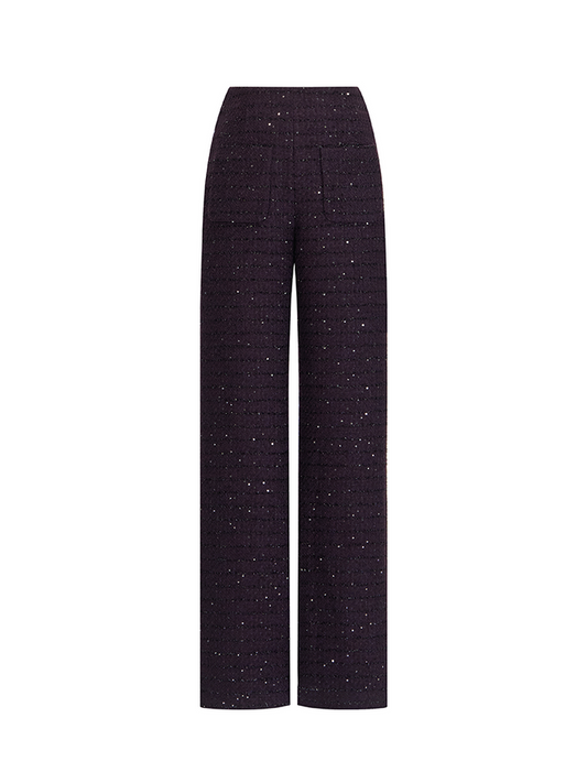 Sophia tweed wide-leg trousers with a high-waisted fit, wide-leg silhouette, and subtle tweed texture, crafted from a premium polyester-wool blend.