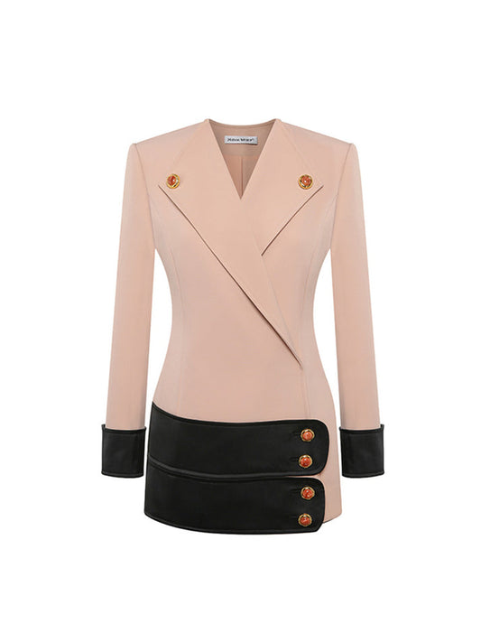 Double-breasted blazer dress with contrast details, decorative buttons, and a tailored fit. Made from 90% polyester, 10% spandex with 96% polyester, 4% spandex accents