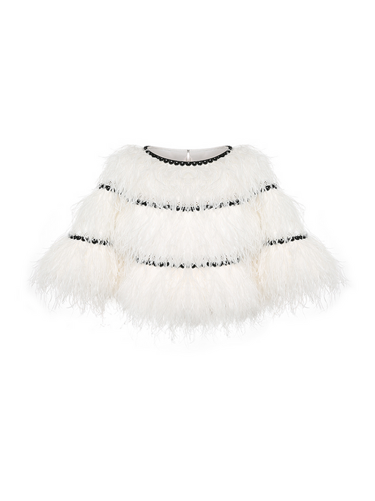 Sophia feather-embellished cape with tiered ostrich feathers, black trim accents, and a relaxed fit, crafted from lightweight polyester.