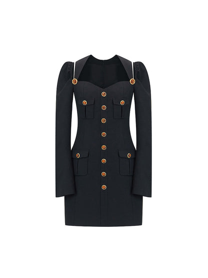 Sophia black buttoned blazer dress with a tailored fit, gold button details, structured shoulders, and a sweetheart neckline, crafted from polyester and spandex.