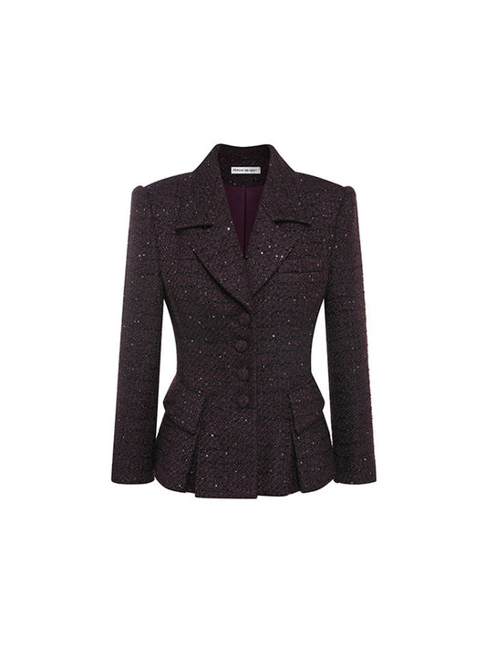 Sophia tweed buttoned blazer in deep burgundy with tailored fit, structured lapels, and elegant button details, crafted from a premium polyester-wool blend.