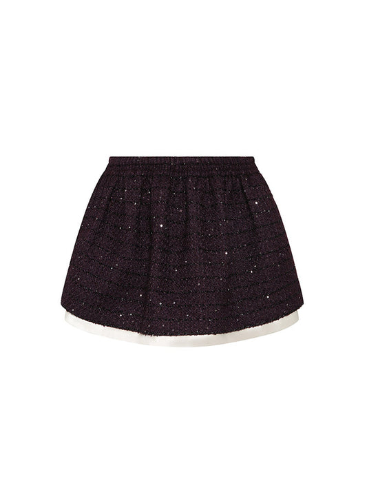 Sophia tweed skater skirt with elastic waistband, layered hem, and subtle sparkle, crafted from a blend of polyester, wool, and mulberry silk.