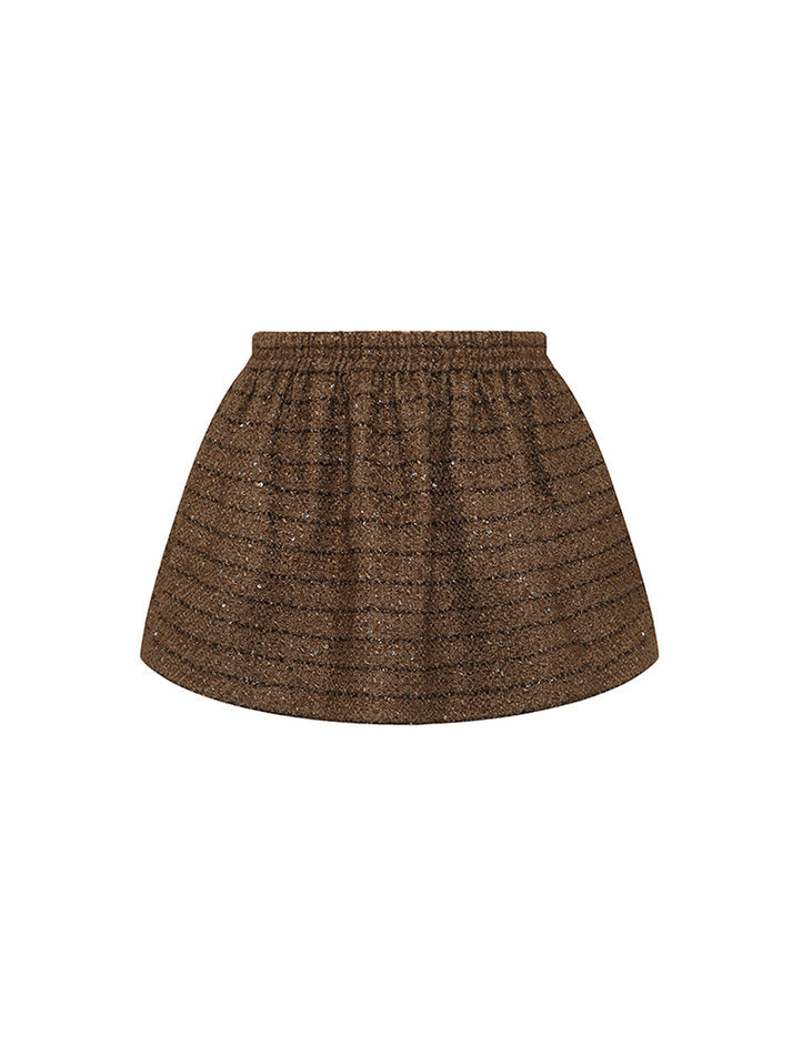 A-line wool-blend mini skirt with shimmer detailing, an elastic waistband, and a flattering high-waisted design. Made from 94.3% polyester, 5.7% wool, and lined with 100% polyester