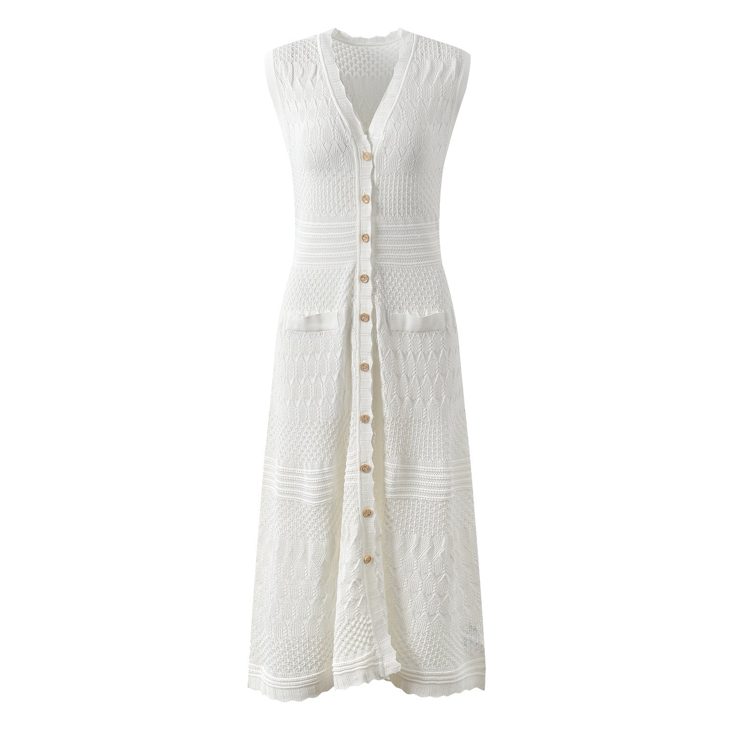 A-line Button Front Knit Beach Cover-up in White