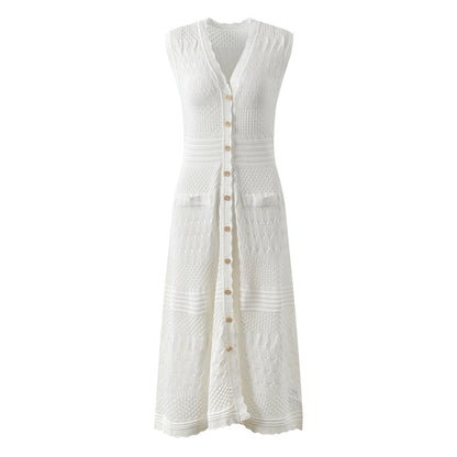 A-line Button Front Knit Beach Cover-up in White