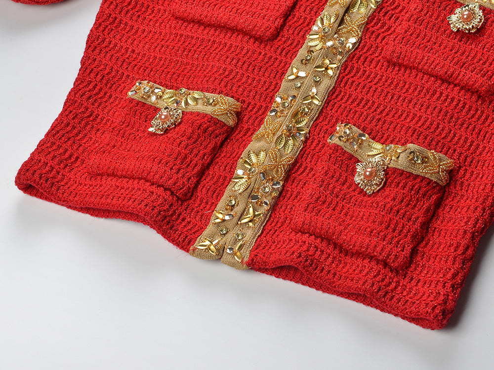 Chic Cropped Long-Sleeve Knit with Textured Gold Accents & Unique Pockets in red with golden collar