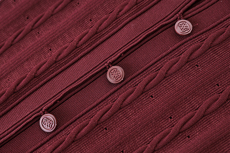 Classic Button-Down Cable Knit Top in burgundy