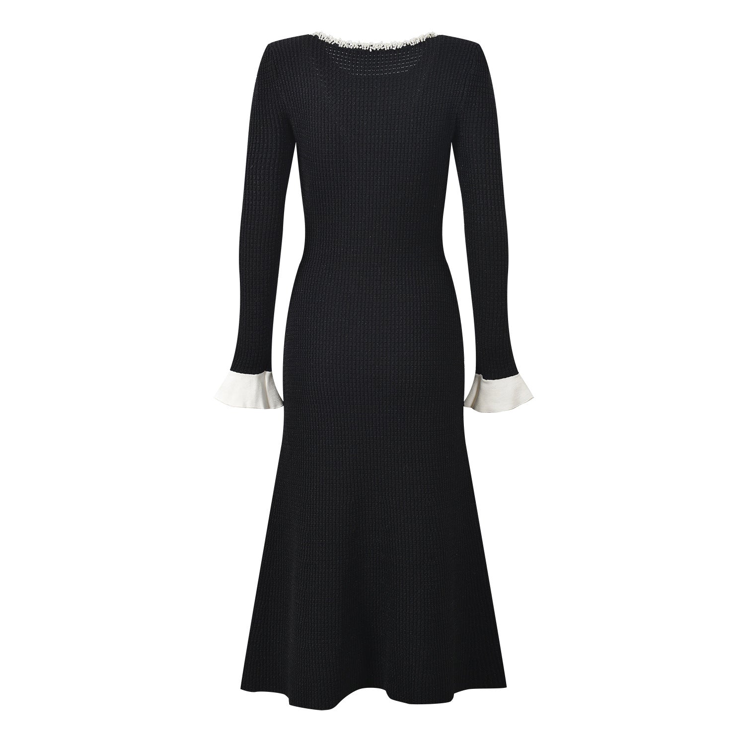 Fitted Flare Hem Dress with Unique Pocket Detail in black with white collar lines