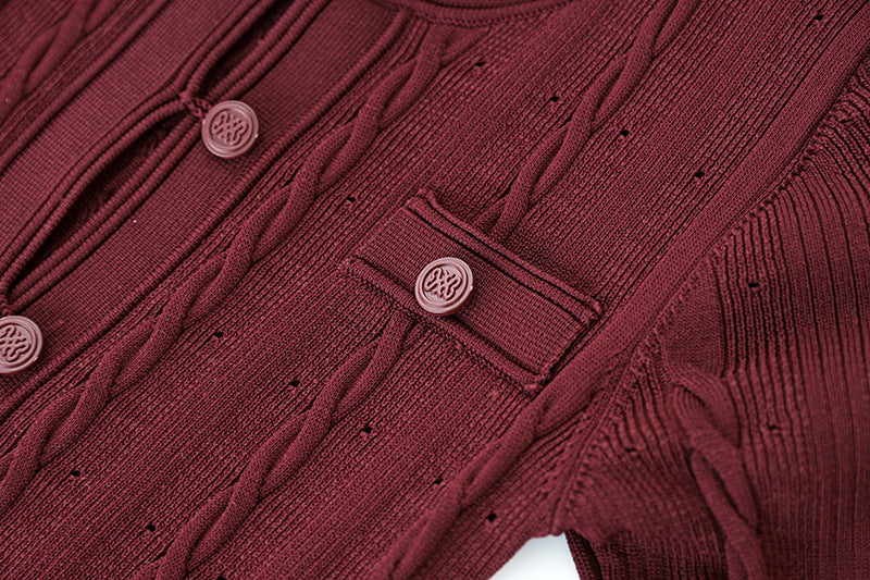 Classic Button-Down Cable Knit Top in burgundy