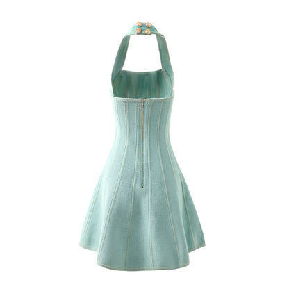 Halter Neck A-line Dress with Ribbed Details in green