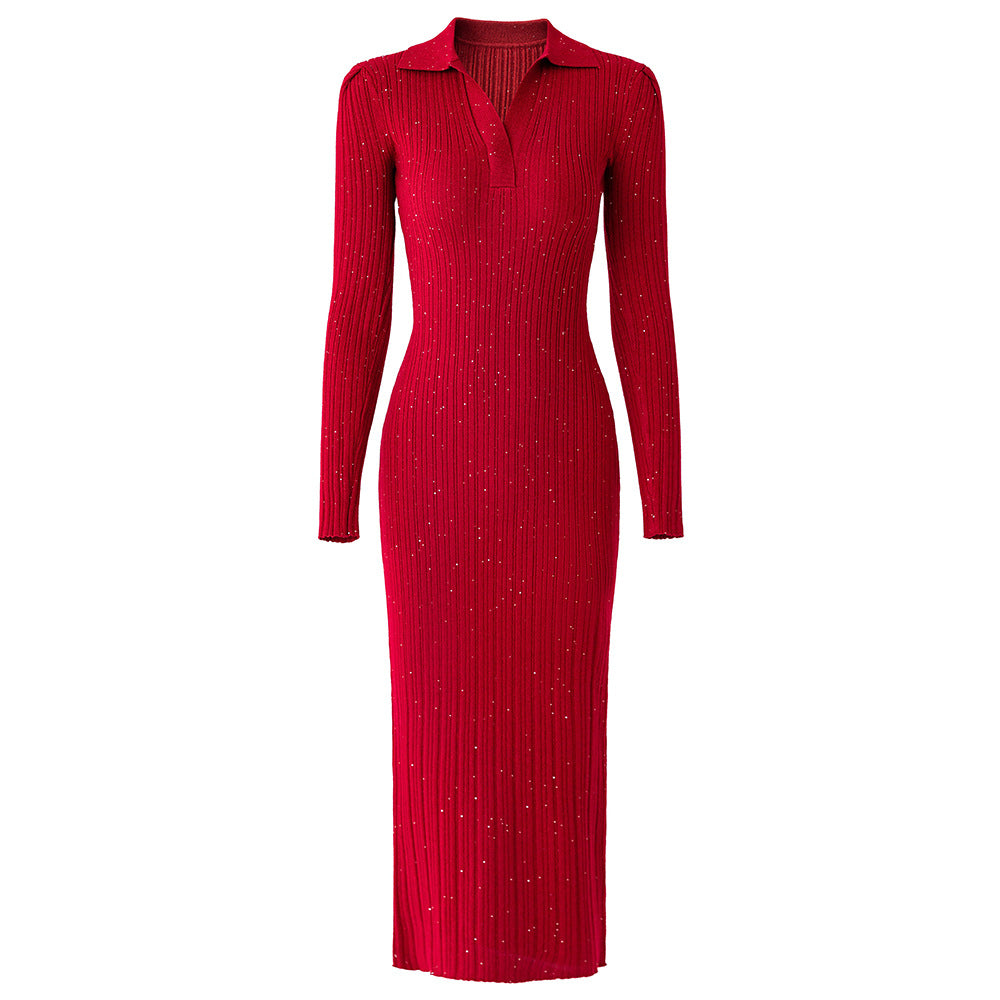 Polo-Collared Fitted Knit Dress in Red