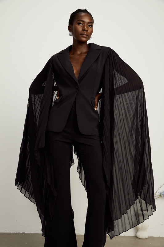 Black Blazer with Flared Sleeves and Tulle Panels