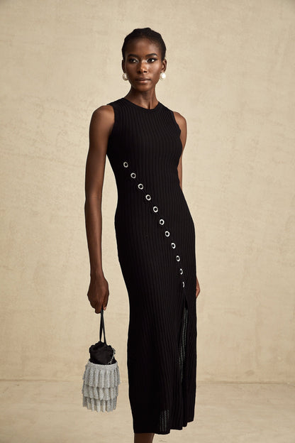 A black knitted midi dress with hoop embellishments