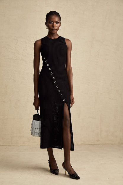 A black knitted midi dress with hoop embellishments