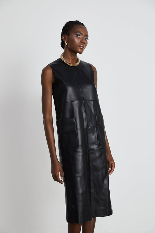 A black leather midi dress with a fitted silhouette