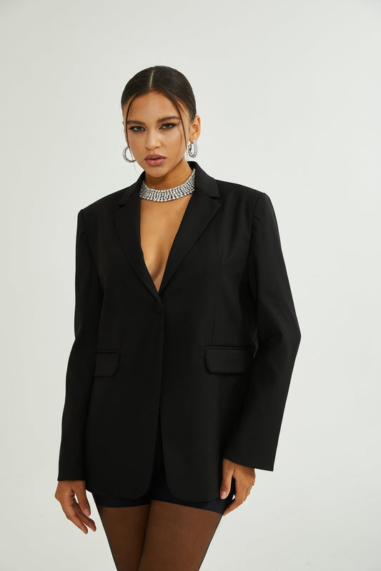 Black Loose Fitting Wool Blazer with Single Breasted Front