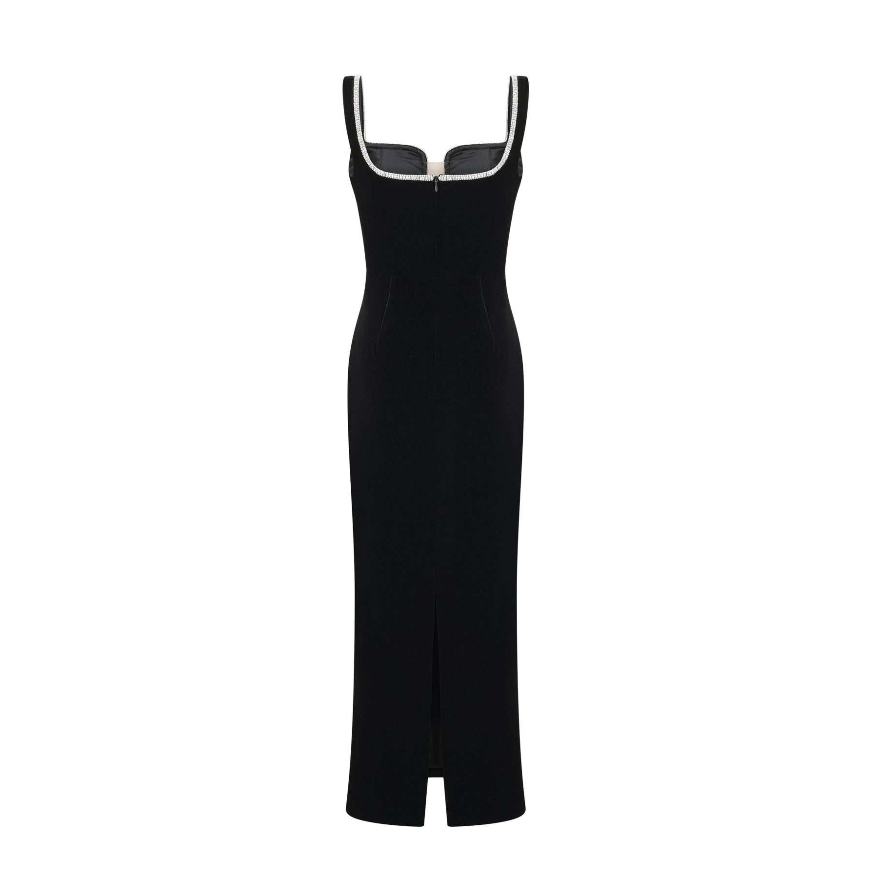 A black midi dress with a Ushaped neckline