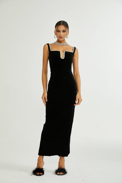 A black midi dress with a Ushaped neckline