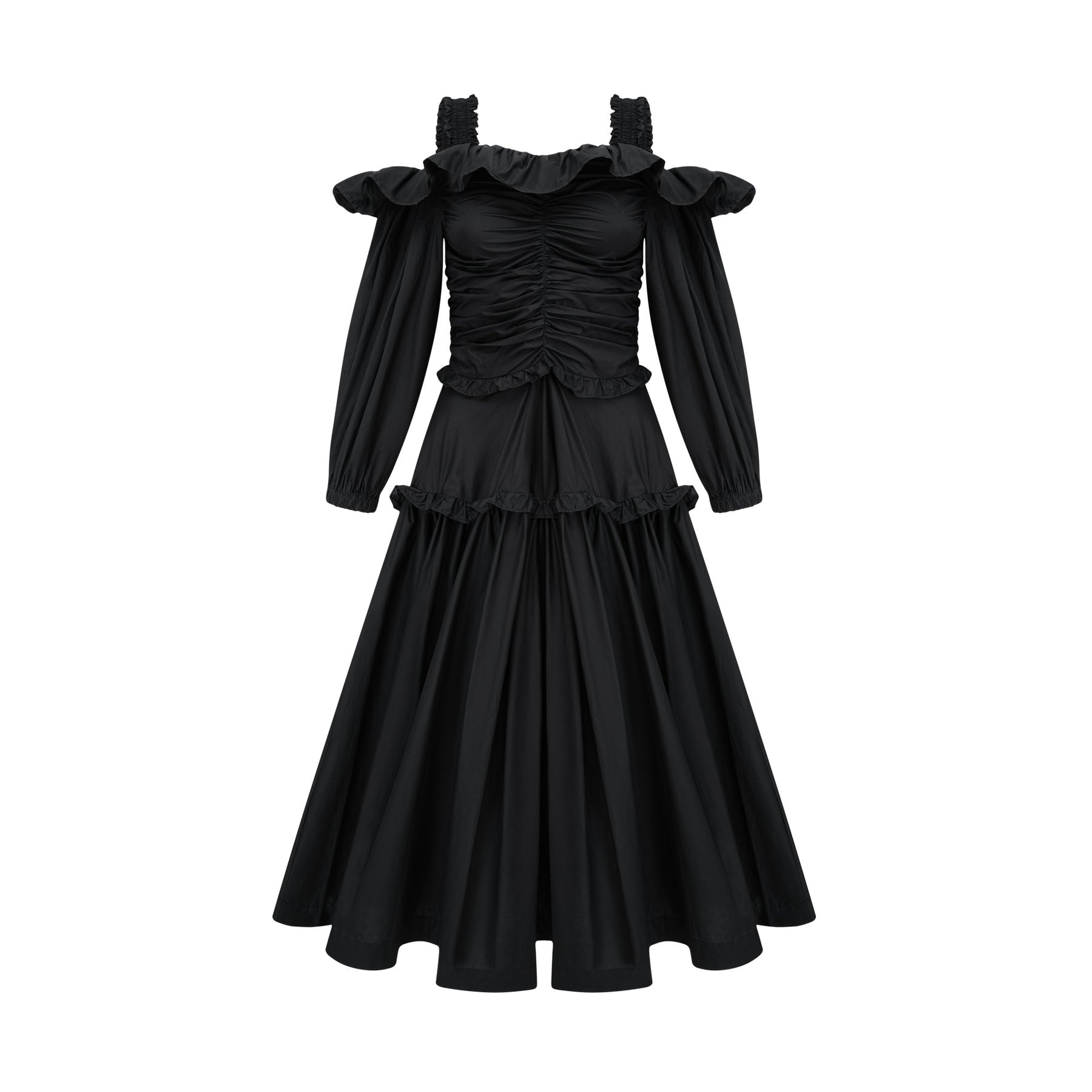 A black pleated midi dress with ruffled details and a flowy silhouette