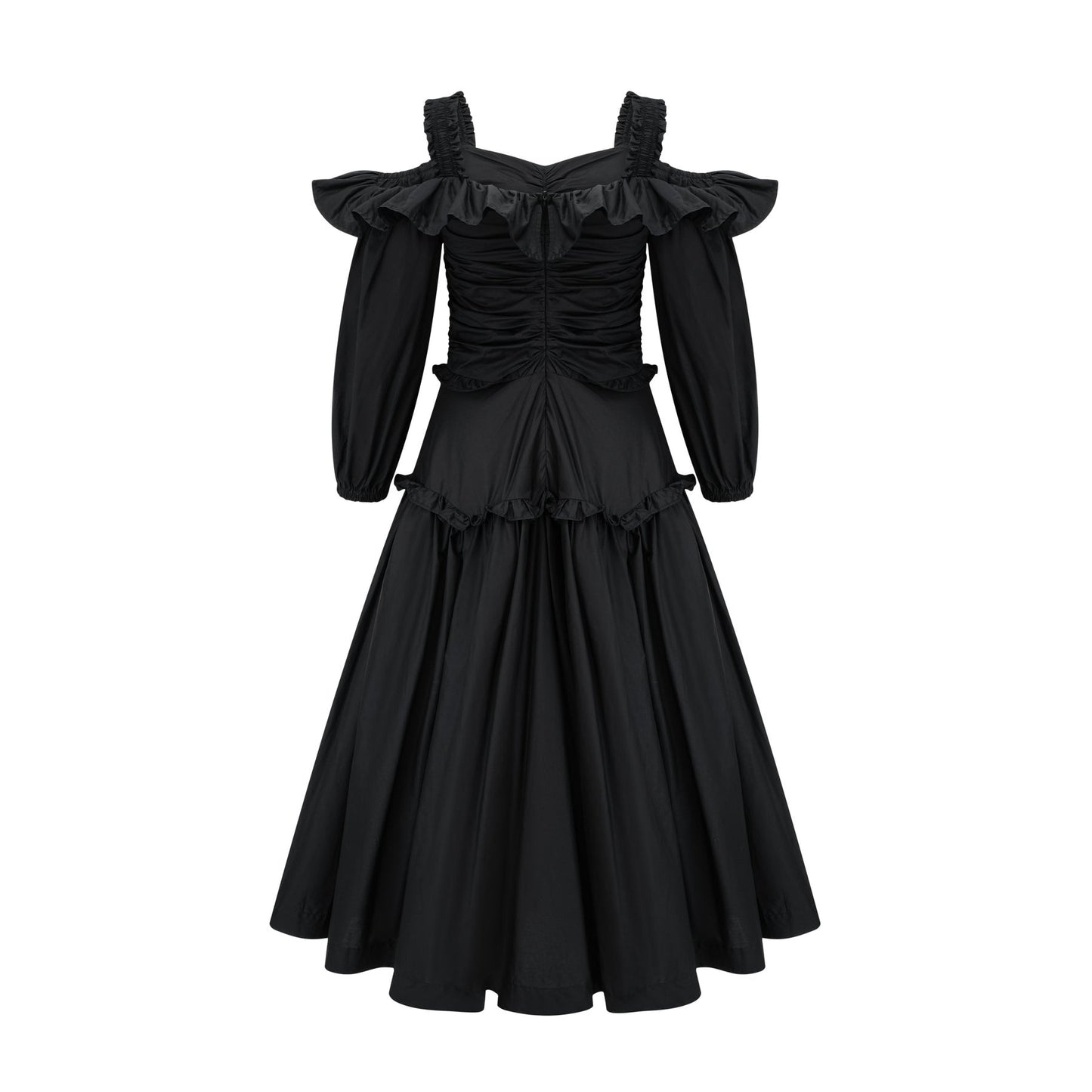 A black pleated midi dress with ruffled details and a flowy silhouette