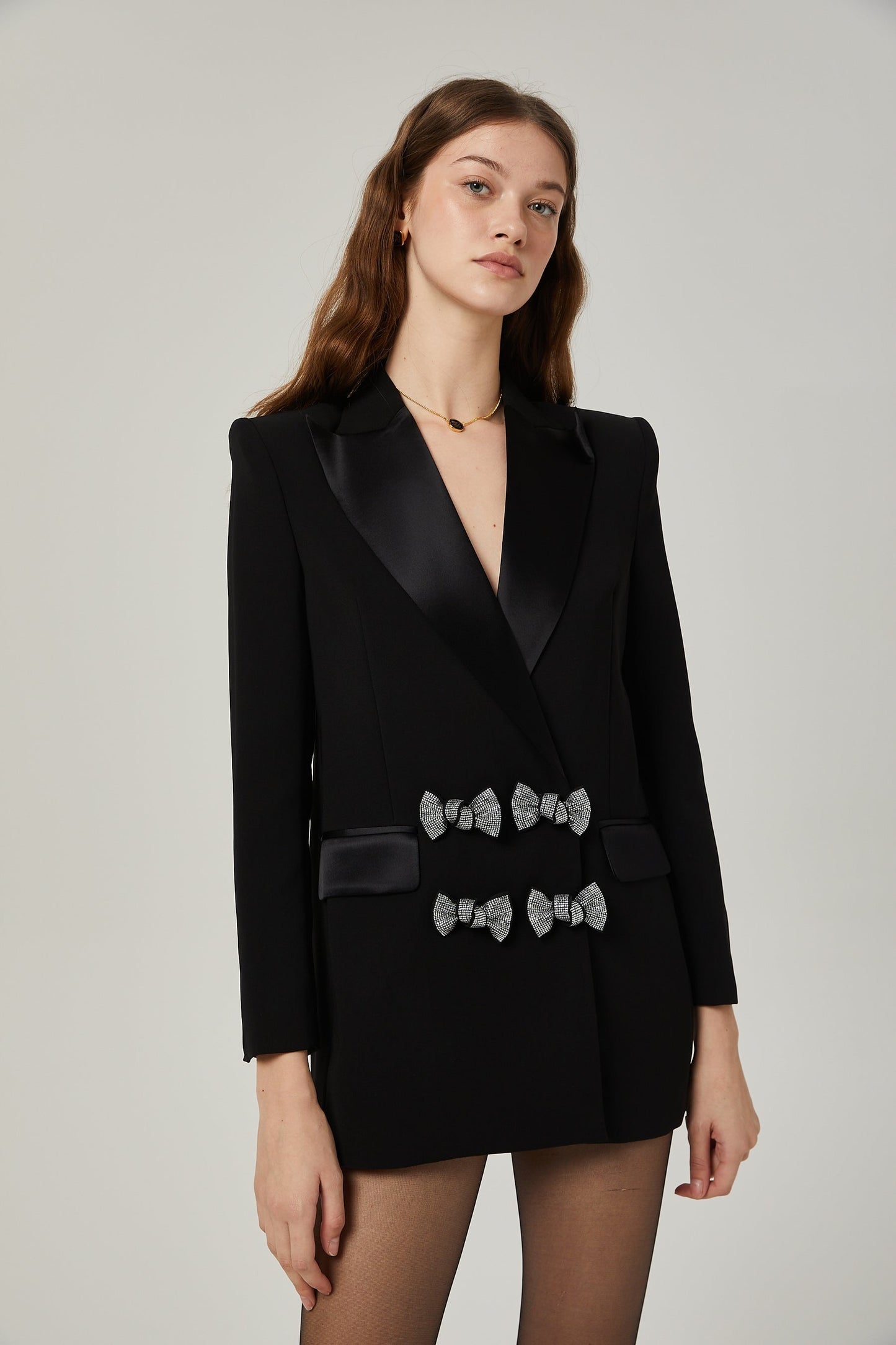 Black Tailored Blazer with Large Crystal Embellished Bow