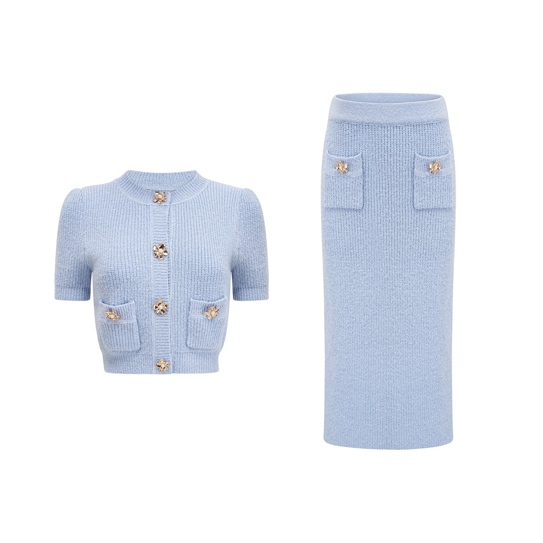 a matching blue knit blouse and skirt set