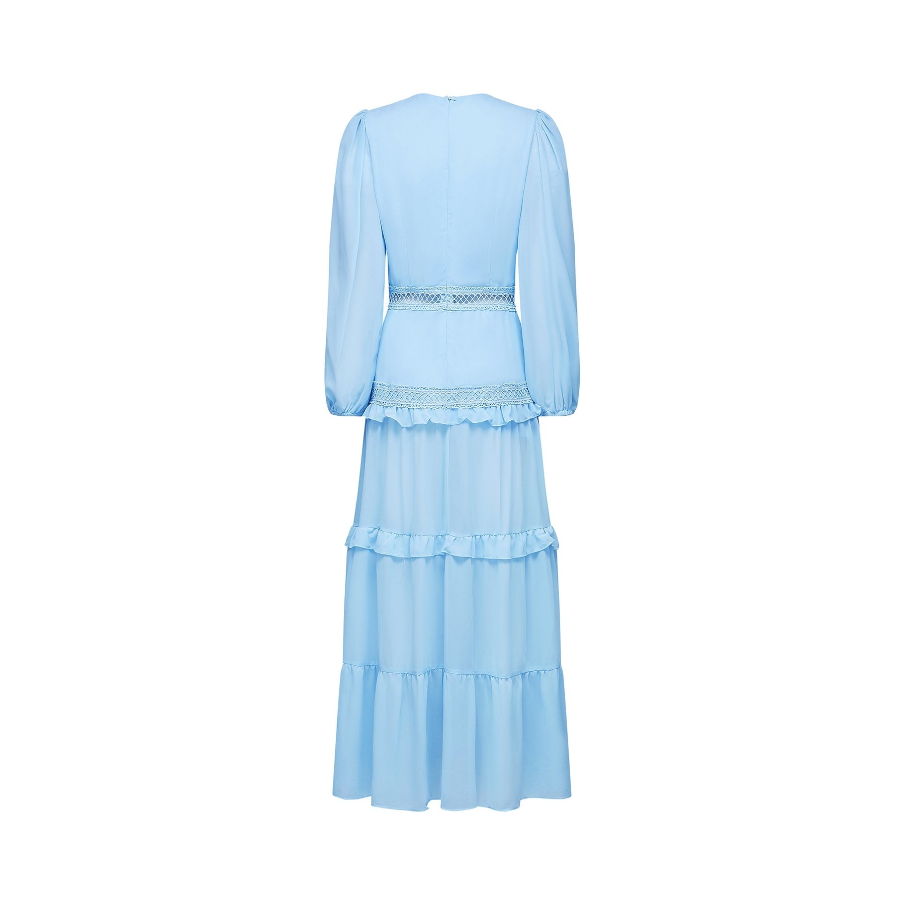 A blue maxi dress with ruffled details and cutout sections featuring a long flowing silhouette