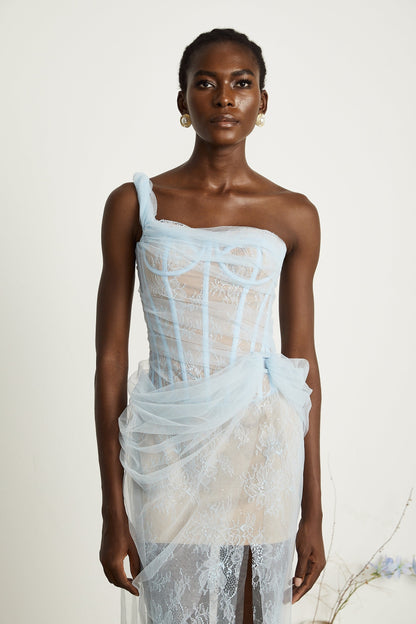 A blue pleated mesh midi dress with a flowy silhouette and delicate texture