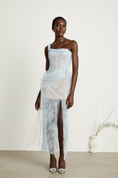 A blue pleated midi dress with mesh fabric featuring a flowing silhouette and delicate texture