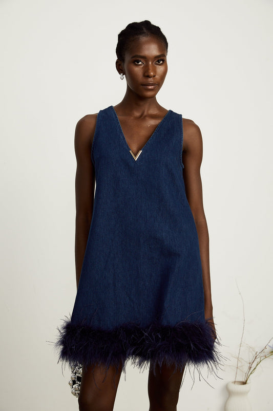 A blue sleeveless denim mini dress with feather trim detailing