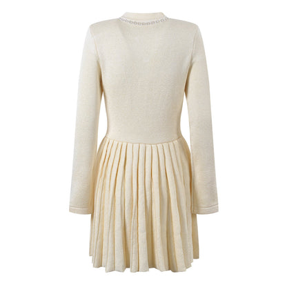 A - Line Button - Down Dress with Pleated Skirt - White