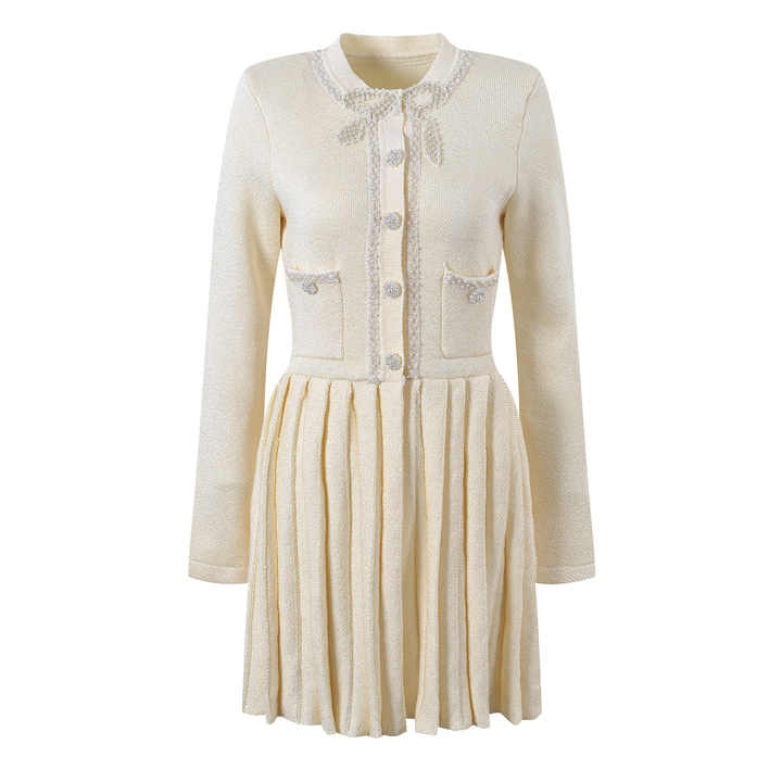 A - Line Button - Down Dress with Pleated Skirt - White