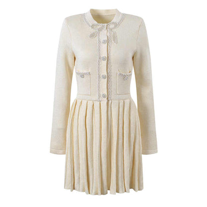 A - Line Button - Down Dress with Pleated Skirt - White