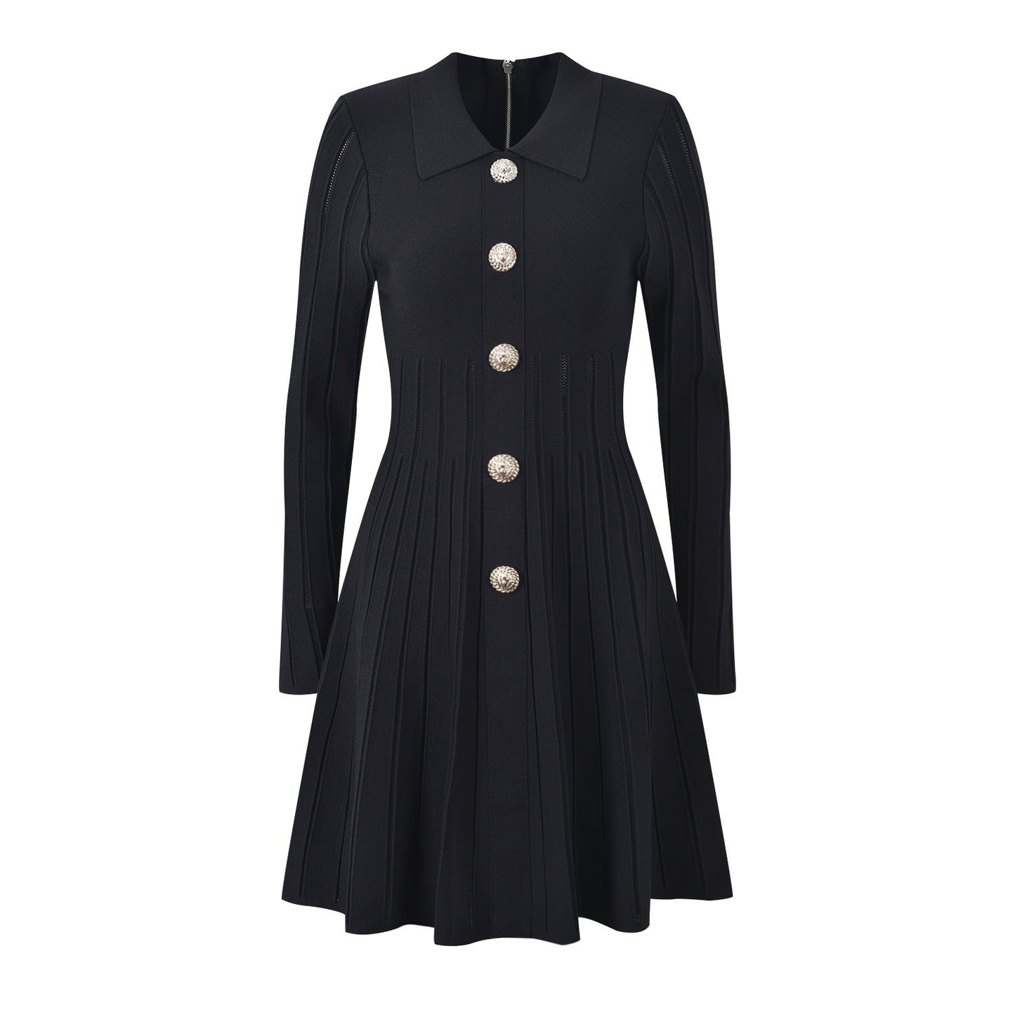 A - Line Dress with Decorative Buttons & Pleats - Black