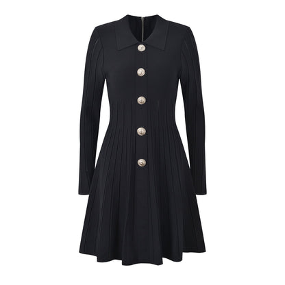 A - Line Dress with Decorative Buttons & Pleats - Black