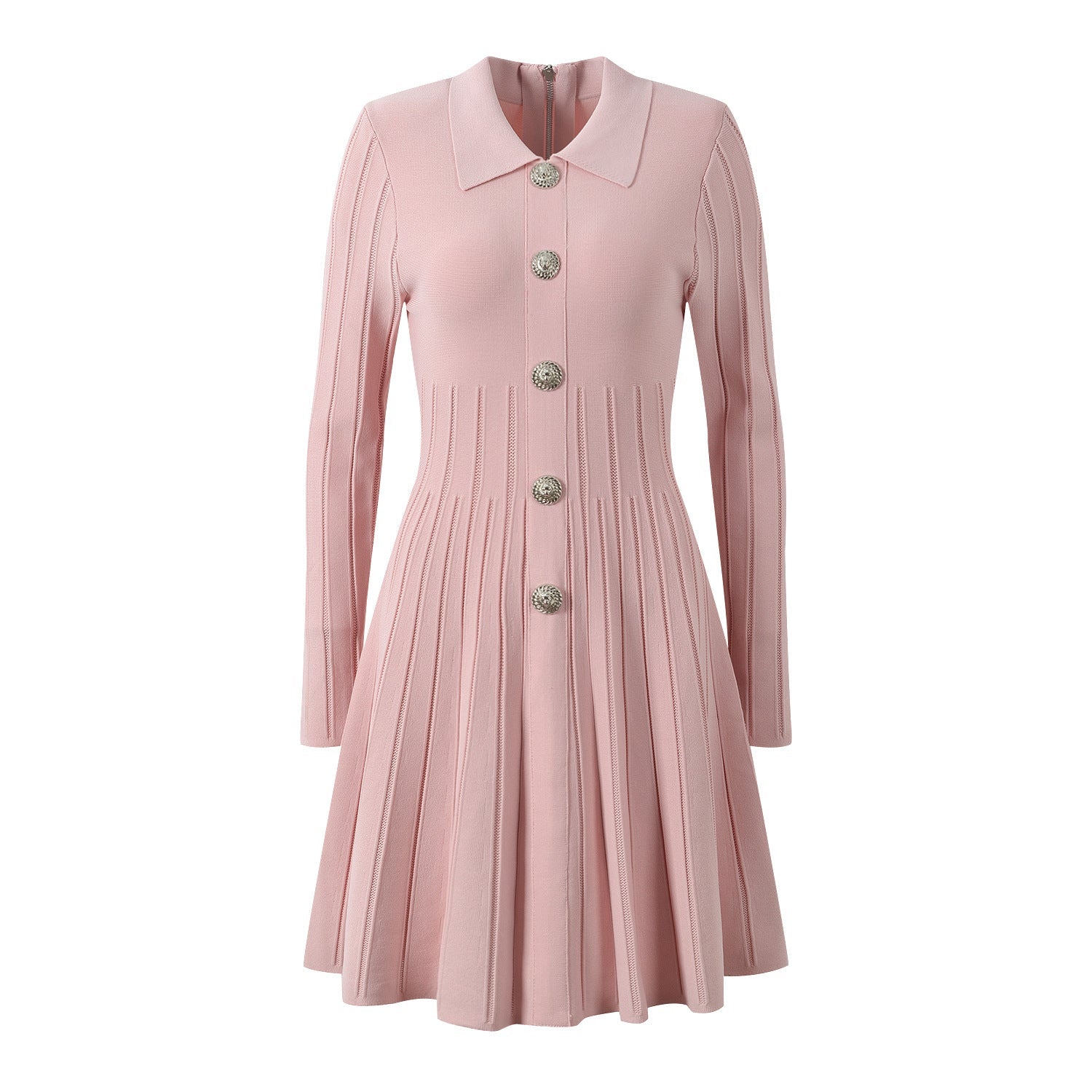 A - Line Dress with Decorative Buttons & Pleats - Pink