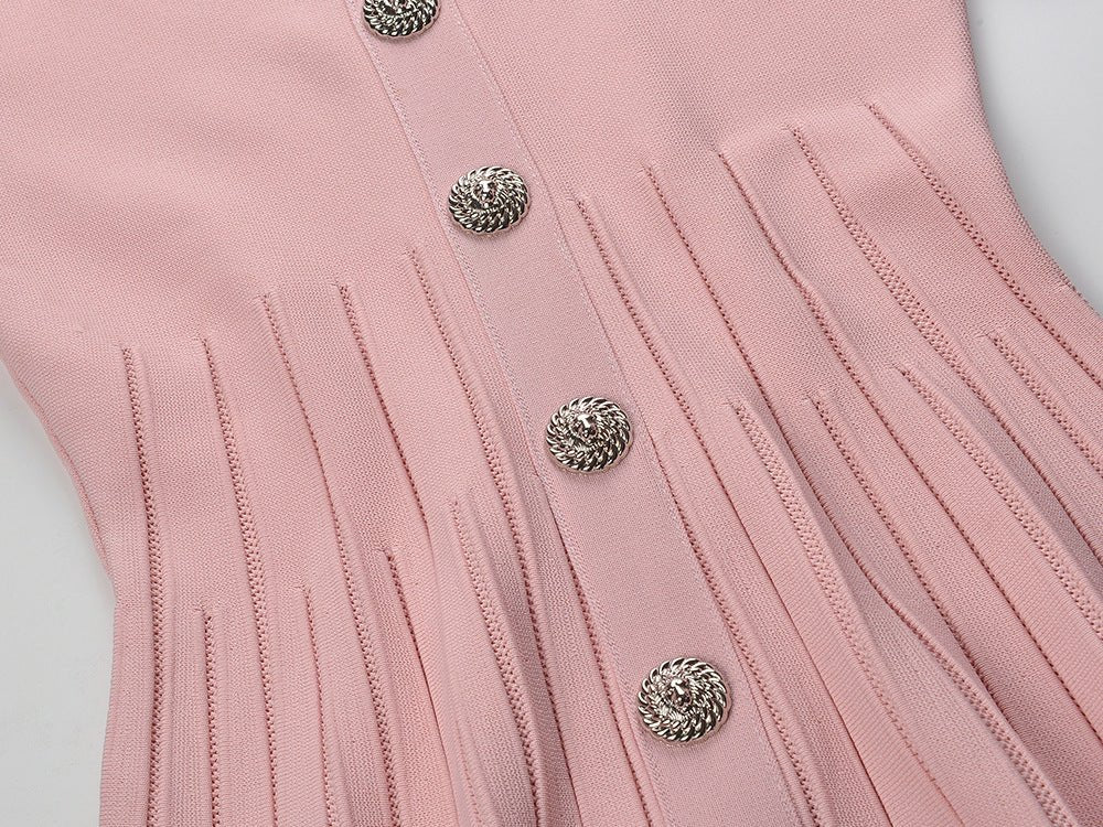 A - Line Dress with Decorative Buttons & Pleats - Pink