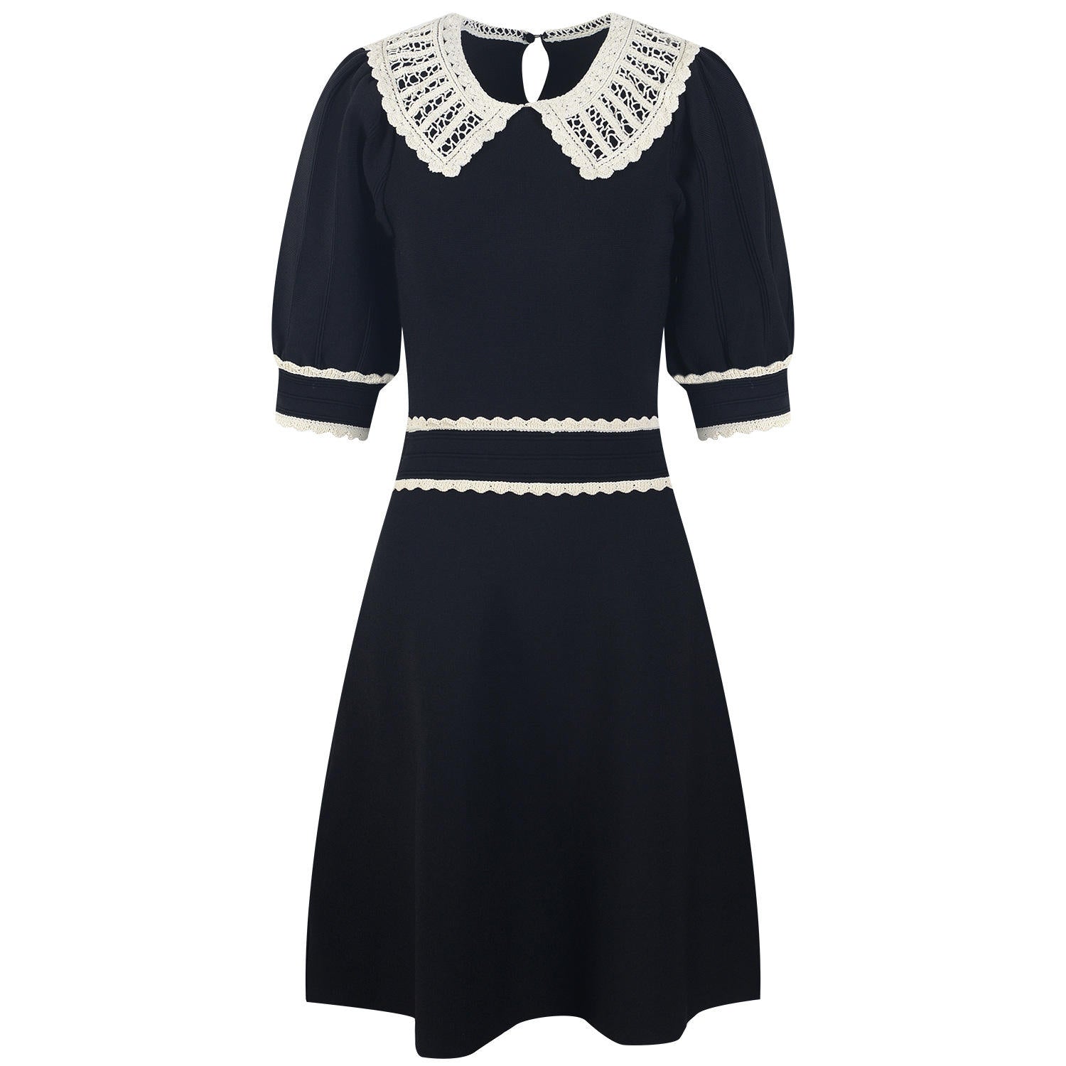 A - Line Dress with Lace Collar & Puffed Sleeves - Black