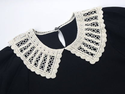 A - Line Dress with Lace Collar & Puffed Sleeves - Black