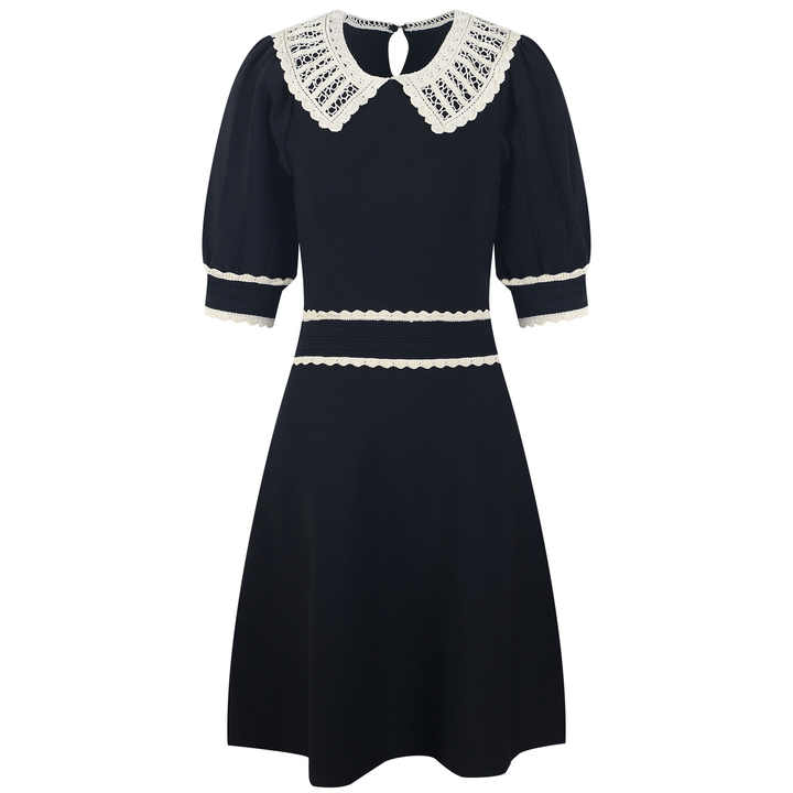 A - Line Dress with Lace Collar & Puffed Sleeves - Black