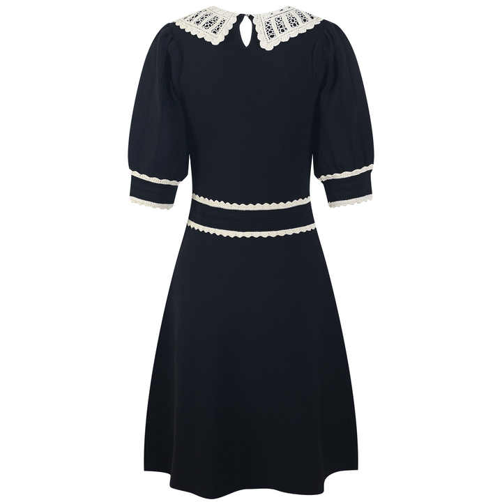 A - Line Dress with Lace Collar & Puffed Sleeves - Black