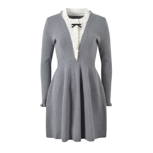 A - Line Dress with Layered Look & Vintage Charm - Gray