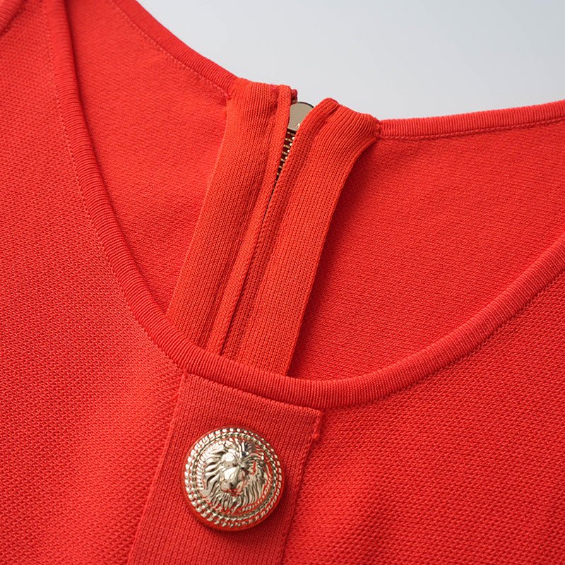 A - line Dress with Minimalist Design & Chic Gold Button Details - Red